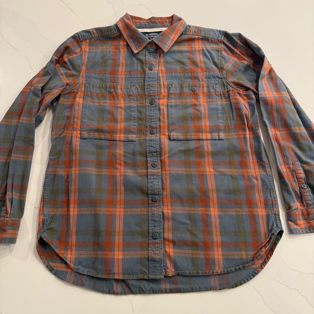 REI Cooperative Mens Large Blue Orange Plaid Flannel Cotton Button Down Shirt